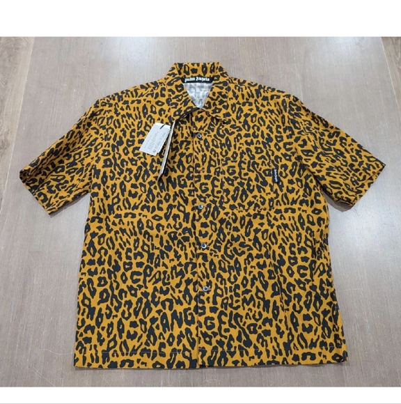$650 PALM ANGELS Cheetah Linen/Cotton SS Button Up Camp Shirt 46 US Small